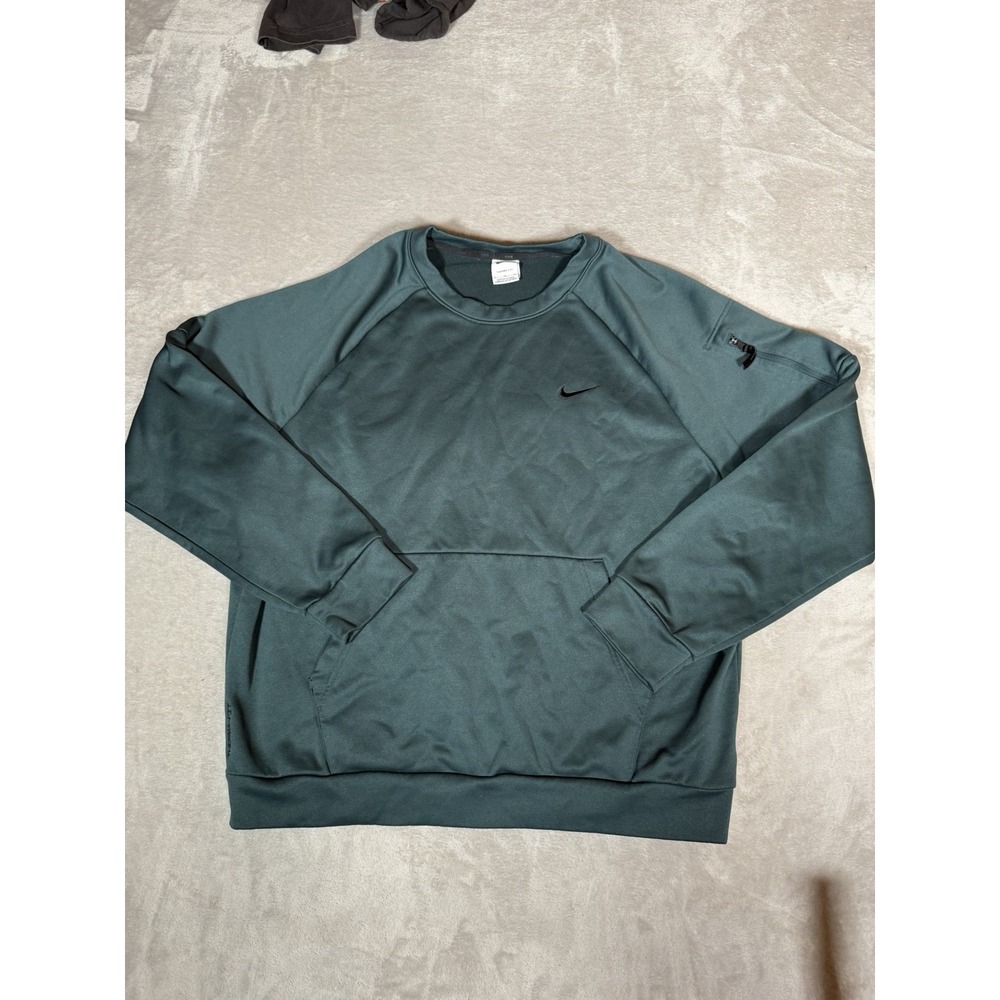 Nike Therma-FIT Mens XL Green Fleece Crewneck Pullover Sweatshirt Pockets Logo